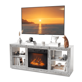 Silver Mirror Modern TV Stand with 18 Inch Fireplace Insert & Storage Shelves, Medium Density Fiberboard Fireplace TV Console for Living Room
