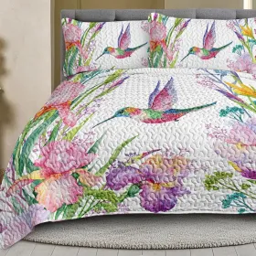 3pcs Colorful Bird Flower Design Quilt Set Soft Warm Bedding Set Include 1 Quilt And 2 Pillowcases For Home Bedroom Decor All Season (Option: King-pink)